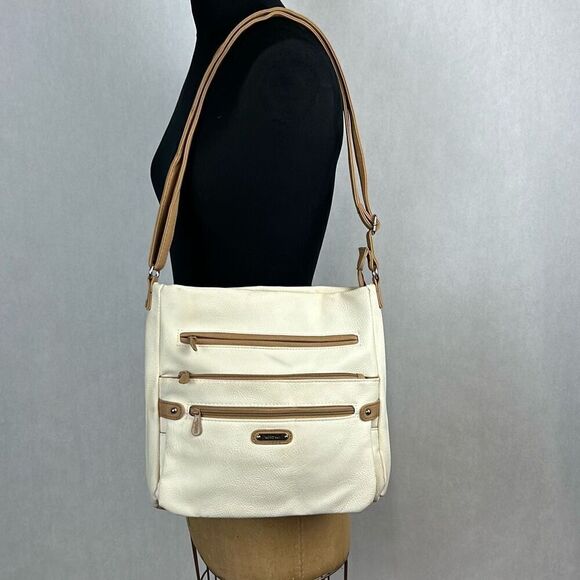 MultiSac Lorraine Womens Crossbody Bag Cream Tan Fax Leather Adjustable Strap Mu - Picture 1 of 13